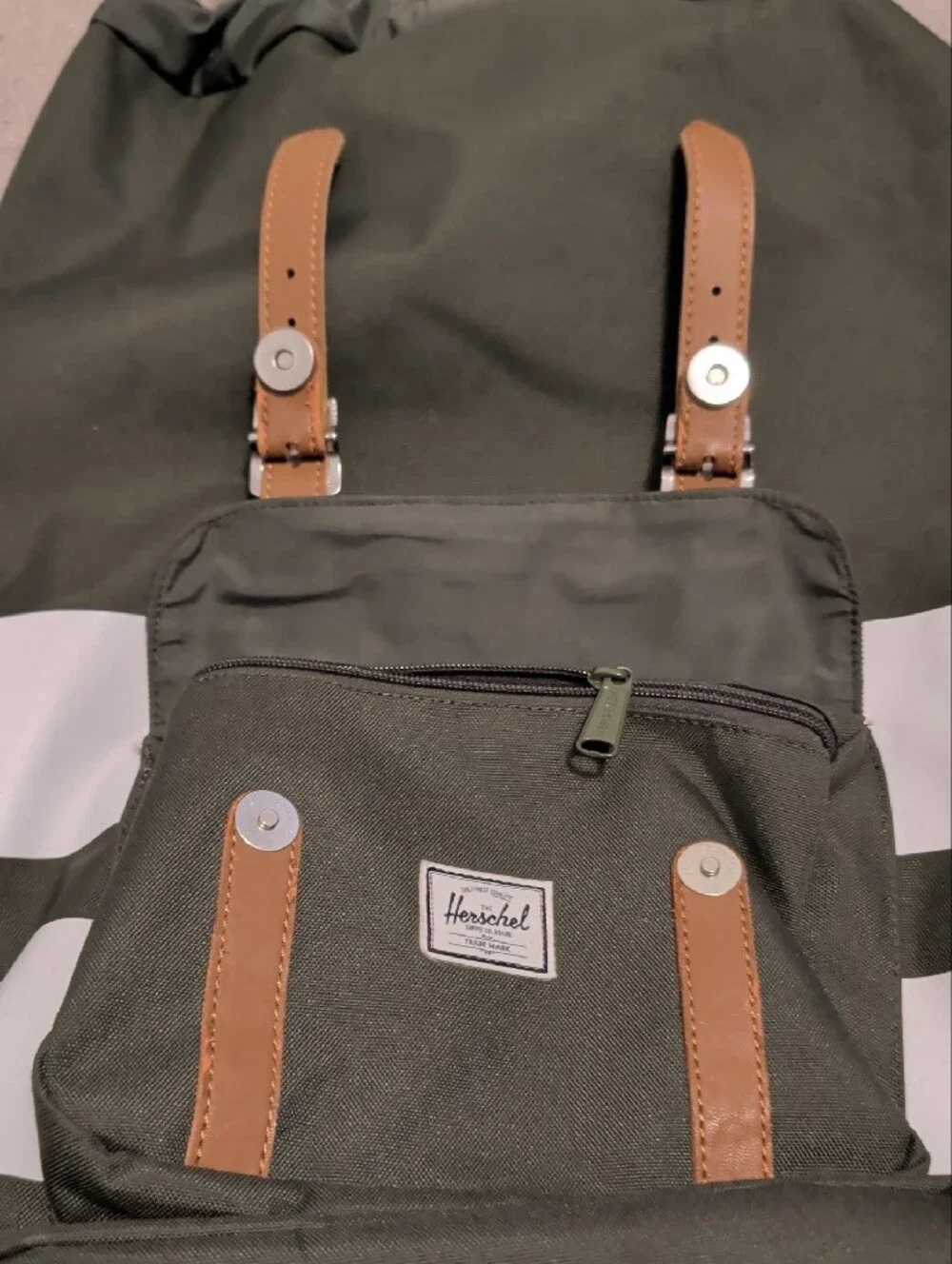 Herschel Supply Company Dark Green and White Striped Backpack with Brown Accents